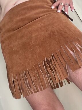 Brown Suede Fringe Western Cowgirl Festival Mini Skirt Lace-Up Sides.  Size S/M